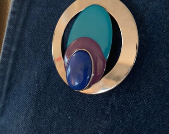 Fun Vintage 1980's- 1990's Modernist Style Metal And Enamel Brooch / Pendant