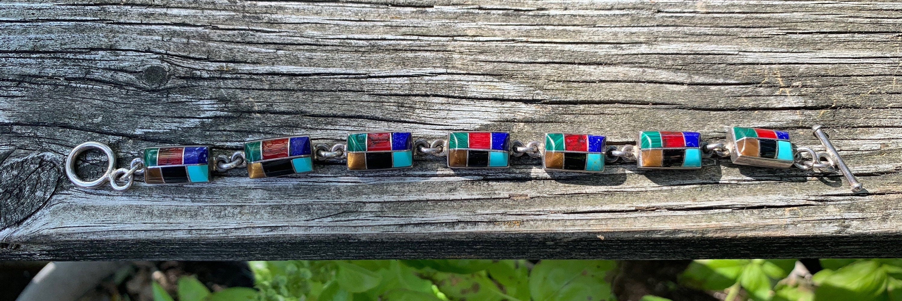 Vintage 1980's Sterling Silver Link Bracelet With Inlay Work