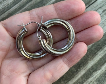 Beautiful Vintage 1980's - 1990's Sterling Silver Hoop Earrings With Twist Design