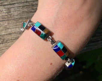 Vintage 1980's Sterling Silver Link Bracelet With Inlay Work Turquoise Onyx Tiger Eye Malachite Red Jasper And Sodalite