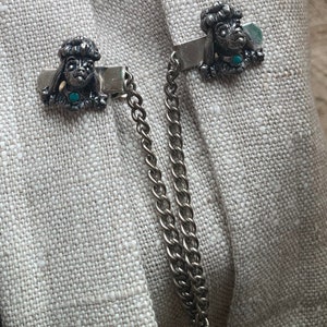 Adorable Vintage 1950’s Sancrest Silver Tone Metal Poodle Sweater Clip/Guard With Faux Turquoise Cabochons