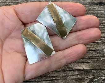 Vintage Modernist Style Taxco Mexico Sterling Silver And Brass Post Earrings - Free Shipping