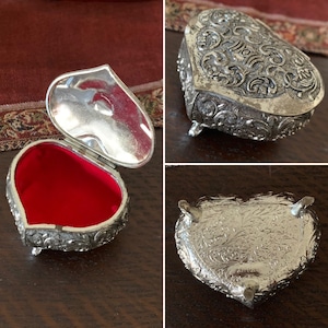 Vintage 1960's - 1970's Heart Shaped Silver Plated Jewelry Casket / Box Made In Japan