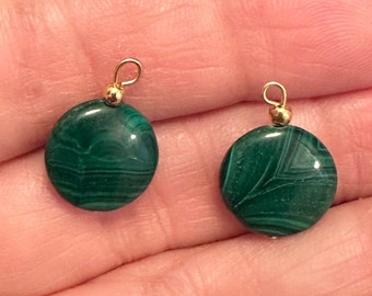 Set Of Two Vintage Round Polished Malachite Pendants / Charms