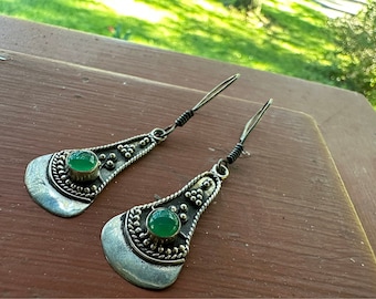 Vintage Sterling Silver Dangle Earrings With Green Chalcedony Stones