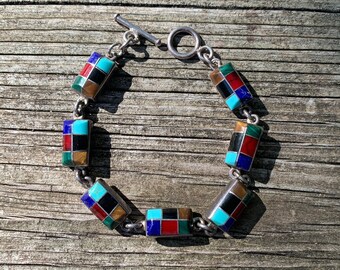 Vintage 1980's Sterling Silver Link Bracelet With Inlay Work