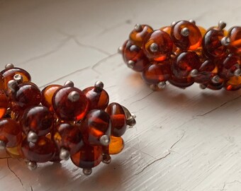 Stunning Vintage Sterling Silver Earrings With Amber Bead Clusters