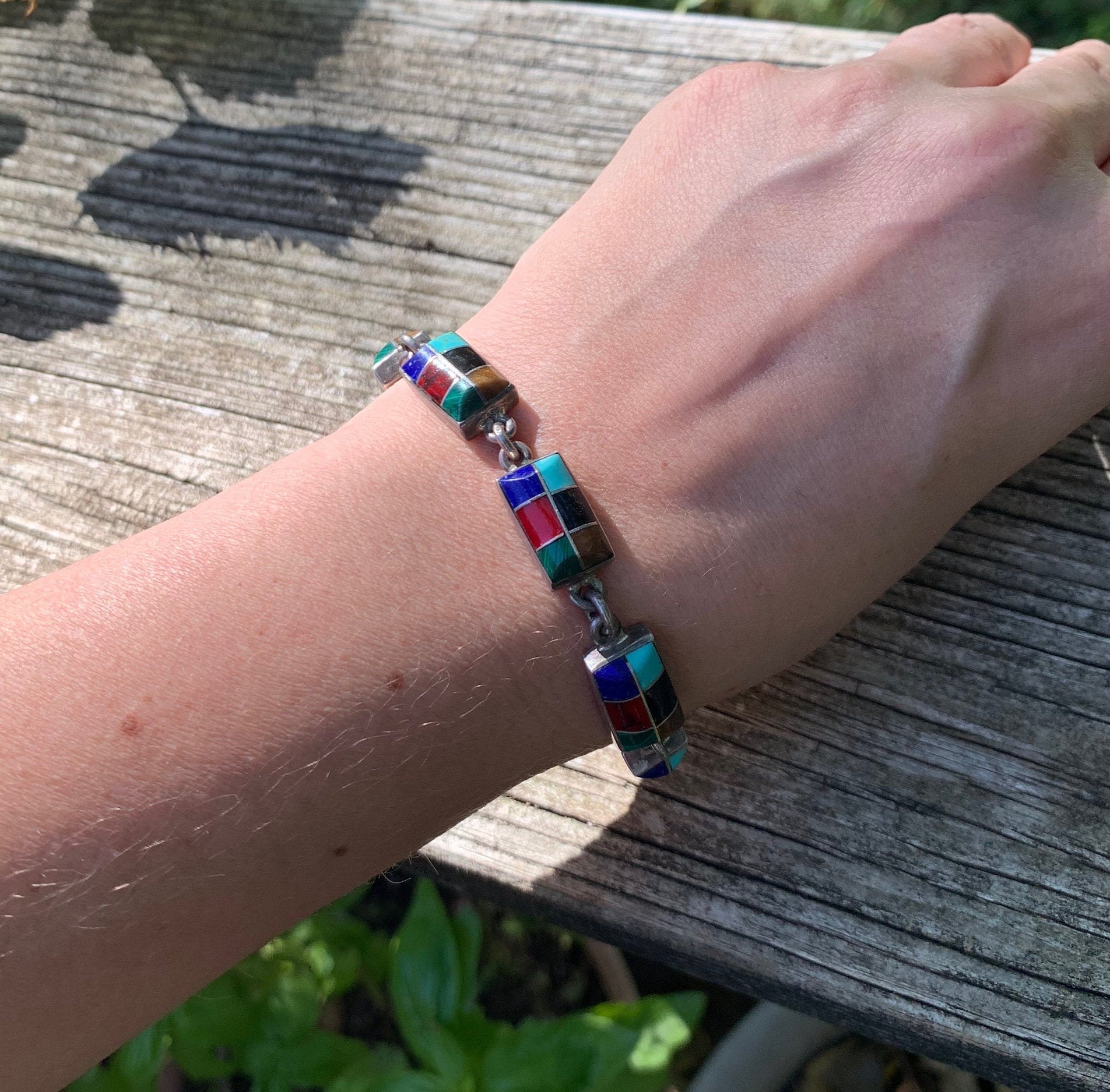 Vintage 1980's Sterling Silver Link Bracelet With Inlay Work