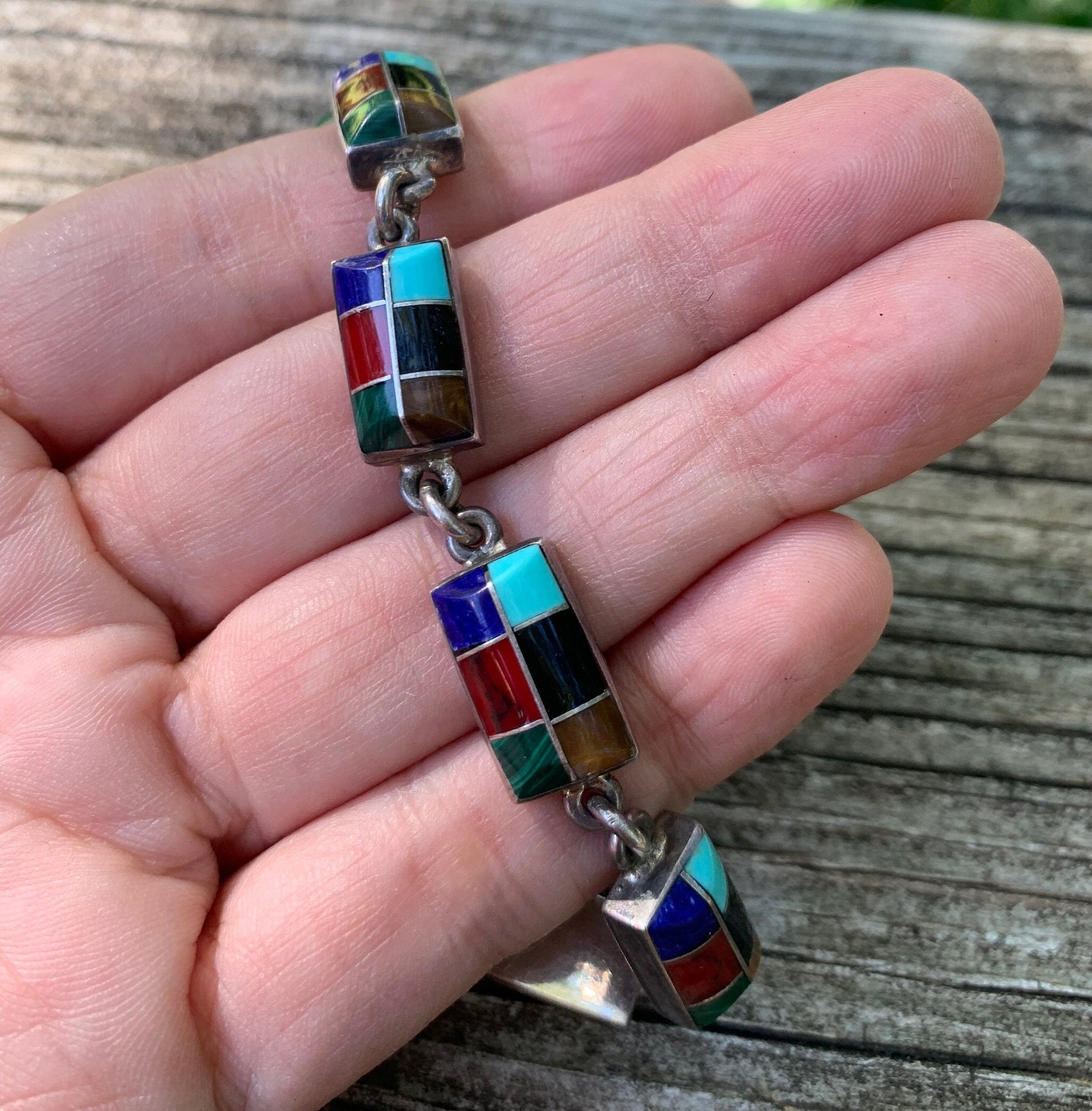 Vintage 1980's Sterling Silver Link Bracelet With Inlay Work