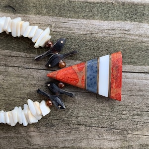 Vintage 1960&#39;s - 1970&#39;s Santo Domingo Necklace With Coral And Shell Inlay Tab Pendant