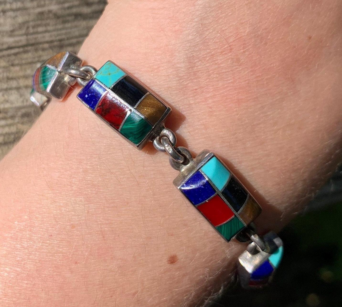 Vintage 1980's Sterling Silver Link Bracelet With Inlay Work