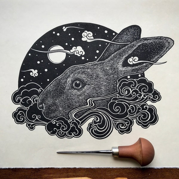Cloud Bunny ‘Night Spirit’ Linocut Print