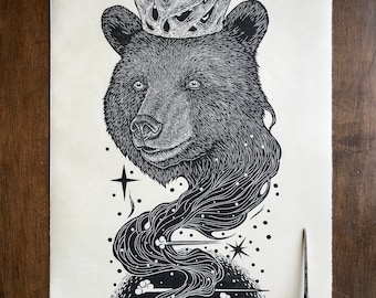 Forest Royalty ‘Bear King’ Linocut Print Furry Critter Buddy