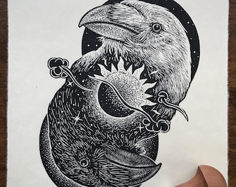 Raven ‘Nevermore Forevermore’ Linocut Print / Yin / Yang Tarot Artwork