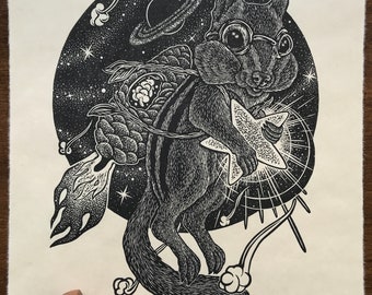Chipmunk ‘RocketChip’ Linocut Print / Magical Fantasy Wall Art