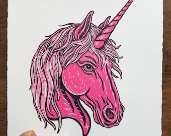 Magical ‘Unicorn’ Pink Pony Linocut Block Print