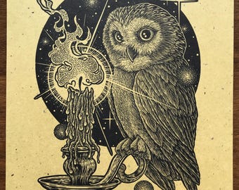 Owl ‘Dazzled’ Yellow Edition Linocut Print Artwork