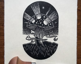 Giant Illuminating Mushroom ‘Beacon’ Linocut Print