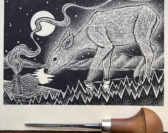 Radiant Deer ‘Ghost on the Shore’ Linocut Print