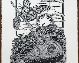Butterfly ‘Magicmorphosis’ Unicorn Skull Linocut Block Print