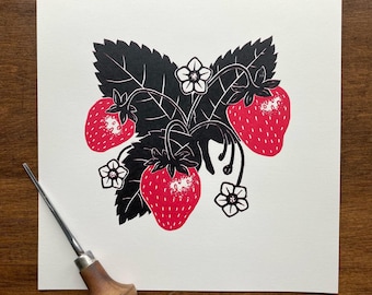Sweet & Simple ‘Strawberries’ Two color Linocut Block Print