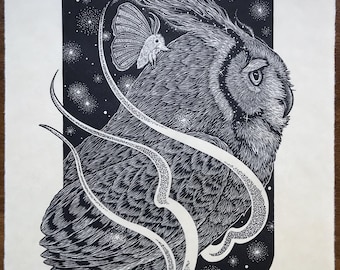 Owl Moth ‘Nocturnal Companions’ Bold Linocut Print