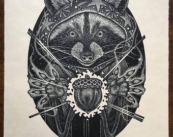 Magical ‘Raccoon Wizard’ Trash Panda Linocut Print