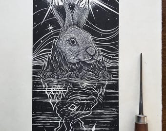 Bun Bun ‘Rabbit Island’ Visionary Linocut Print