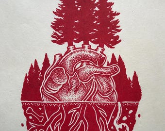 Tree Lover ‘My Heart Belongs in the Forest’ Red Linocut Print Wilderness Vibes