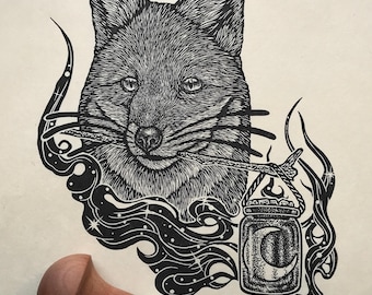 Clever Fox ‘Moon Shine’ Linocut Print Night Adventures
