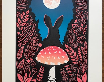 Mushroom Bunny ‘Moonlit Adventures’ Magical Realism Linocut Print