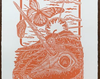 Mariposa ‘Magicmorphosis’ Unicornio Naranja Grabado en Linograbado
