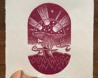 Giant Illuminating Mushroom ‘Beacon’ Wine Red Linocut Print