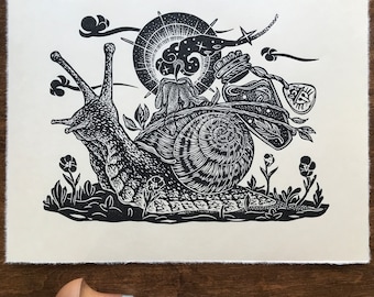 Snail ‘Potion Runner’ Linocut Print / Imagination Storytelling Artwork