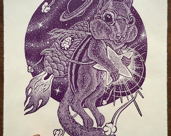 Chipmunk ‘RocketChip’ Cosmic Purple Linocut Print / Galactic Astronaut Adventurer