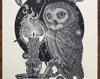 Owl ‘Dazzled’ Magical Candle Linocut Print Artwork