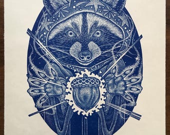 Whimsical ‘Raccoon Wizard’ Enchanted Blue Linocut Print