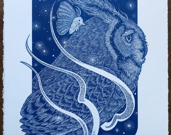 Owl Moth ‘Nocturnal Companions’ Blue Linocut Print