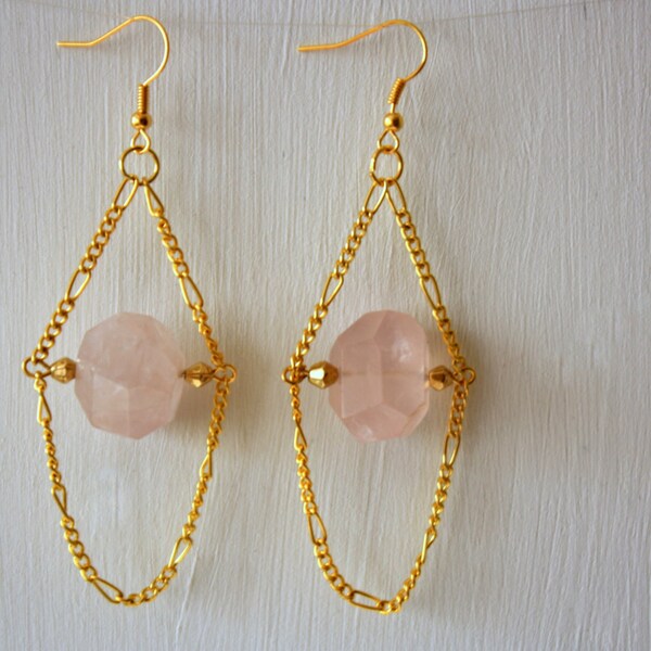 Chain Dangle Rose Quartz Swing Earrings, Gold Plated Figaro Chain, Semiprecious Stone, Gemstone Earrings, Crystal, Accessories