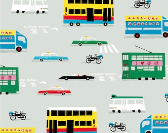 Stampa artistica raffigurante le strade di Hong Kong: tram, autobus e taxi.