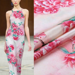 Large Floral Print Pink Stretch Silk Satin Fabric By The Yard Width 42 inch