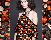 Pumpkin Vegetable Leaf Print Black Stretch Silk Satin Fabric for Fashion Width 53 inch