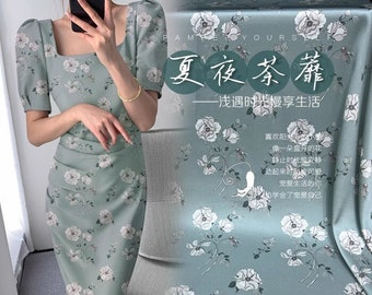 White Small Floral Print Blue Grey Stretch Silk Twill Fabric Blue-gray Real Silk Soft Satin Fabrics Cloth for Fashion Apparel Width 47 inch