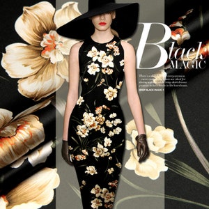 Designer Floral Print Black Stretch Silk Satin Fabric Width 46 inch