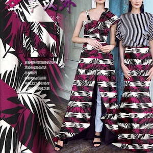 Leaf Foliage and Striped Print 100% Pure Silk Crepe de Chine Fabric Width 44 inch