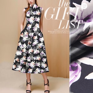 Floral Lily Print Black Stretch Silk Satin Apparel Fabric Width 46 inch