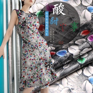 Leaf Leaves Print Gray Stretch Silk Satin Fabric for Dress Width 46 inch