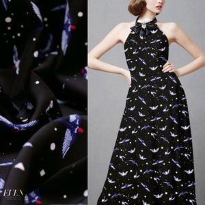 Bird Star Dots Print Black 100% Silk Crepe de Chine Fabric Width 55 inch