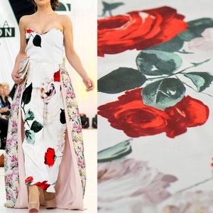 Large Rose Floral Print White Stretch Silk Satin Fabric By The Yard Width 42 inch