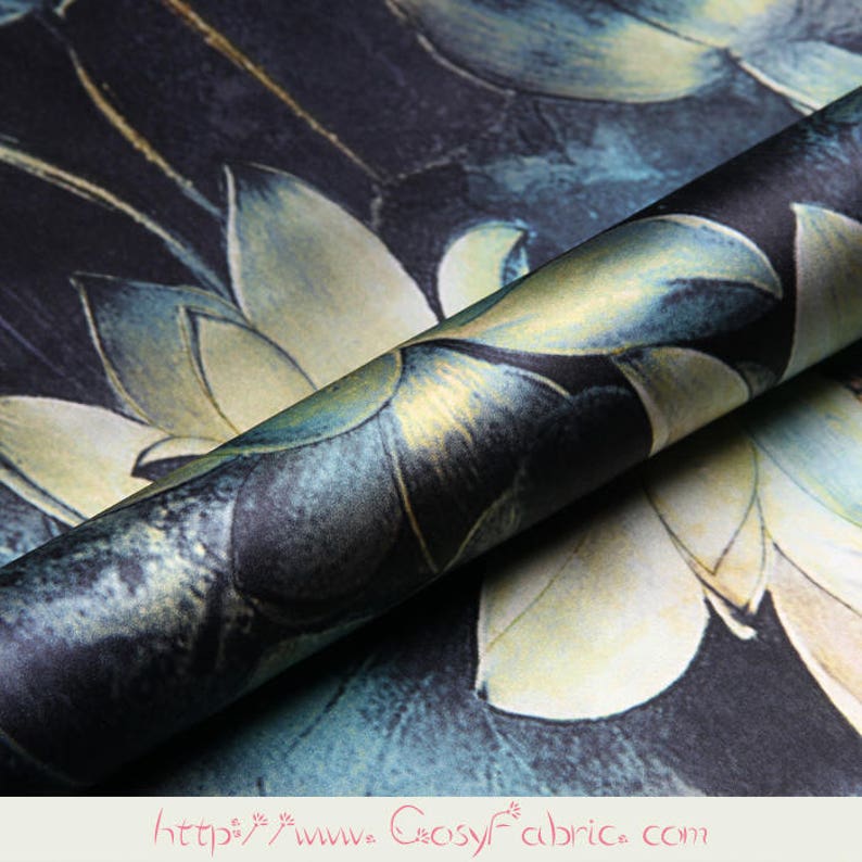 Lotus Floral Print Black Stretch Silk Satin Fabric By The 1.2 Etsy